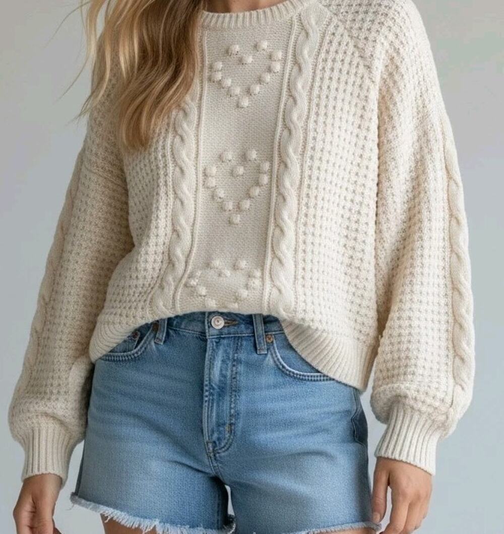 Free People Fisherman Sweater Medium Pom Heart Chenile Cable Crop Chunky RARE